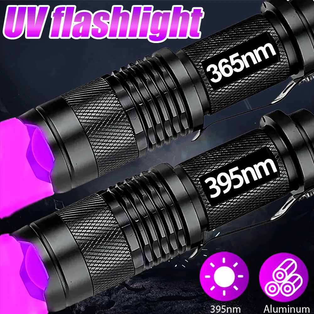 

Mini LED UV Flashlight Zoomable 365nm 395nm Ultraviolet Lamp Portable Pocket Torch Money Scorpion Pet Urine Stain Detector Tools