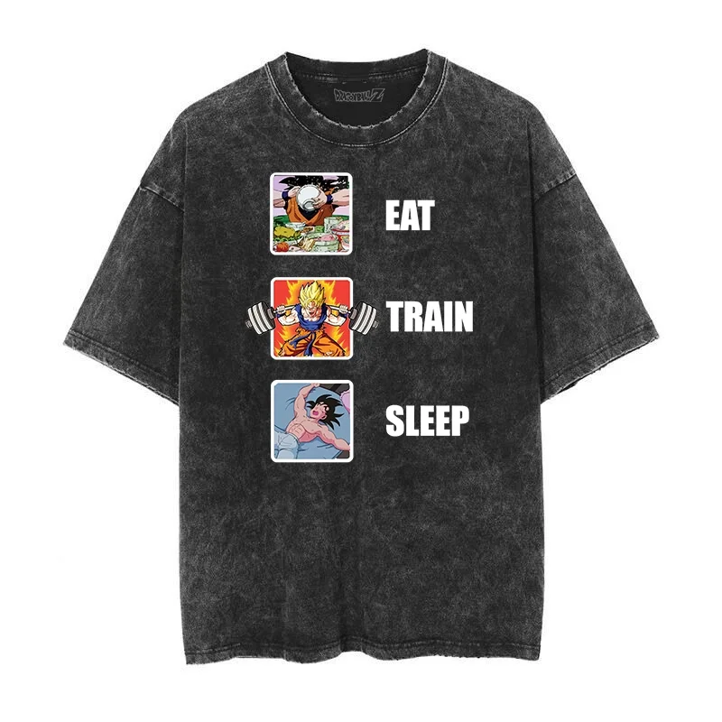 

Футболка оверсайз из хлопка с эффектом кислотной стирки Dragon Ball Z Goku Eat Train Sleep, летняя аниме-футболка 2026 года, уличная одежда с графическим принтом для мужчин и женщин