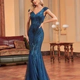 Novo Sle Slim Fit Fi Tail Bead Dr Long Maids of Banquet Vestido de noite feminino Par Dr Azul redondo Ne Sintético...