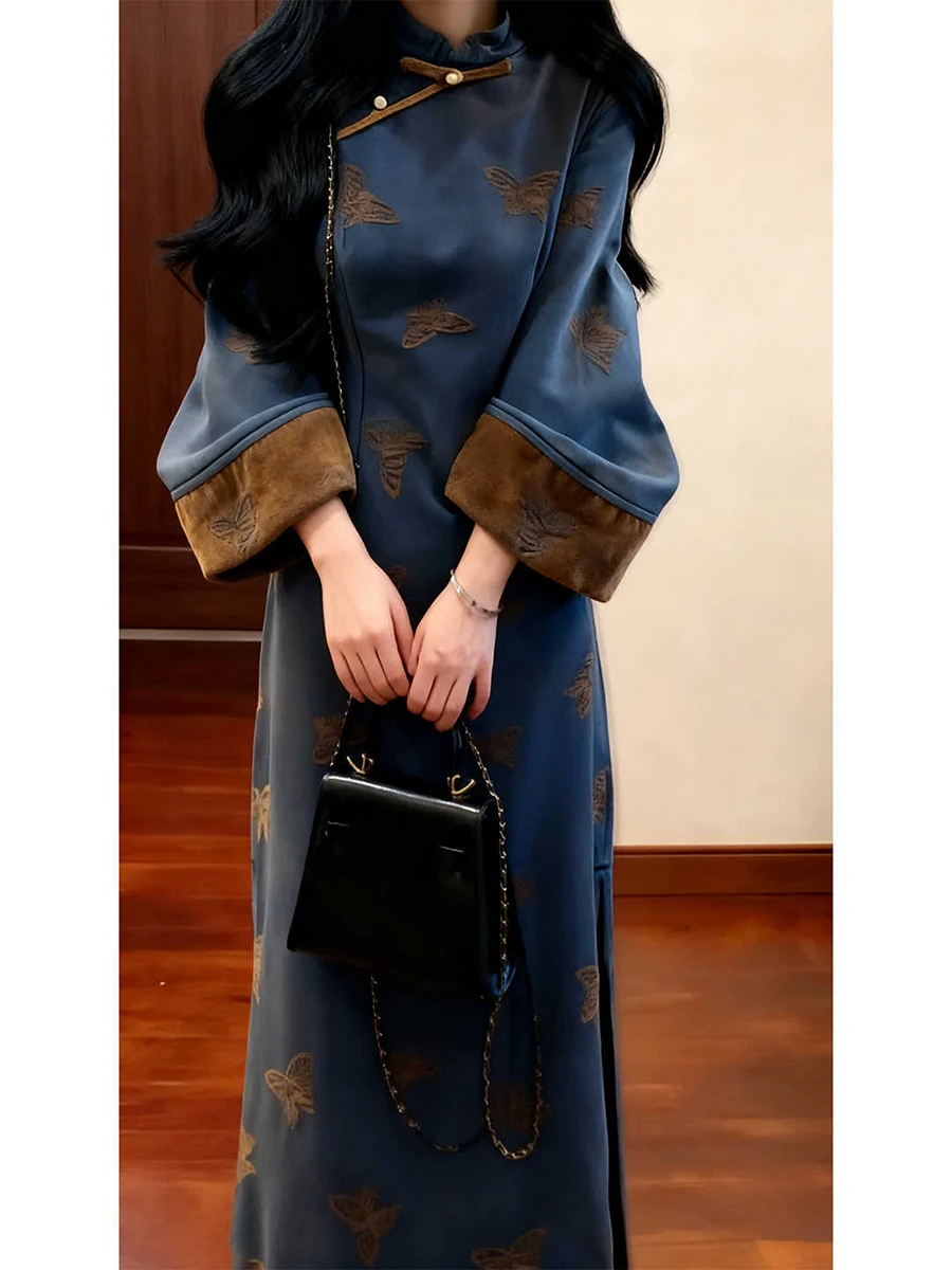

New Chinese Sle Embroidered Improved Dr Waist-Cinching for Important Ocns Winter 2025 Long Sve Long Dr