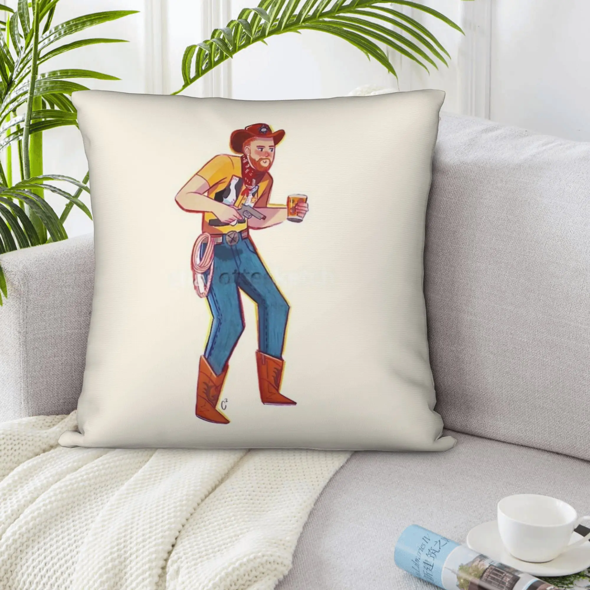 Cream Pillow Cover Illustration of Cowboy Holding Gun and Beer Print Cushion cover Square Decor 45x45cm18x18Inch