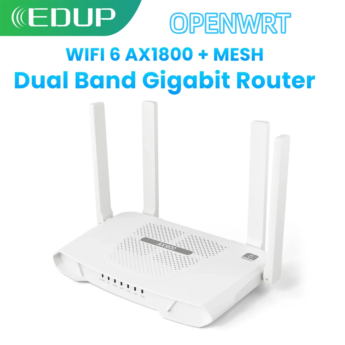 EDUP RT2983 OPENWRT AX1800 WIFI6 Router Dual Band Wireless Network Gigabit  802.11AX MU-MIMO Mesh 4 Antennas Wide Signal Range