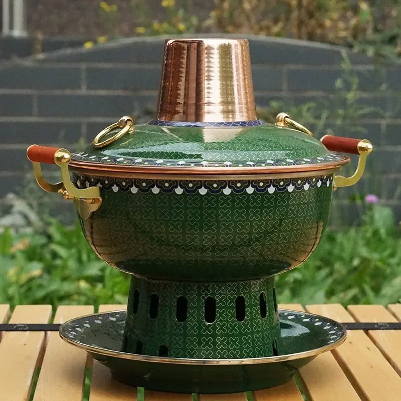Mini Copper Hot Pot Single Serve Enamel Coated Traditional Beijing Style Portable Charcoal Stove for One Person Indoor Dining