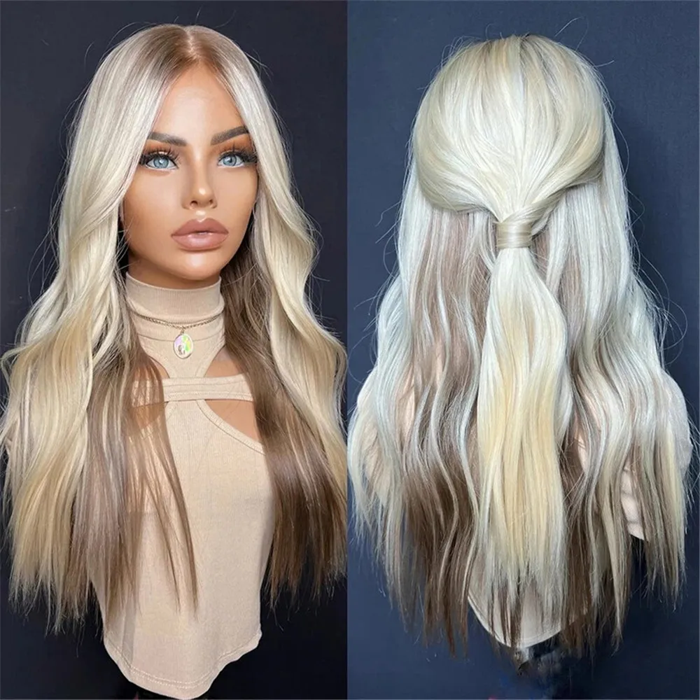 

Парик платинового блонда с многослойной стрижкой, теплых оттенков, из шелковистого синтетического волокна, 13*4, с швейцарским кружевом, длинные свободные волны, для косплея