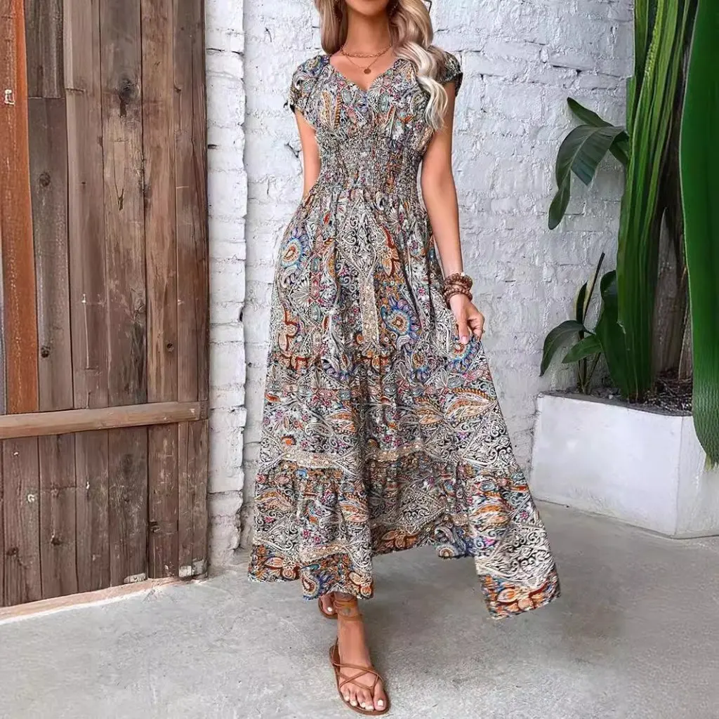Französischer Stil, böhmisches bedrucktes mittellanges Kleid, neues exotisches Resort-Mode-Damenrockkleid
