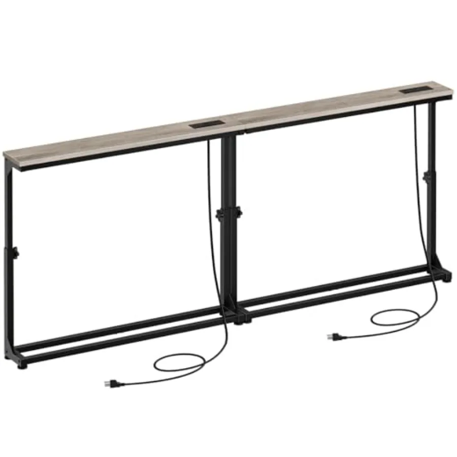 Narrow console table set of 2 for small spaces, entryway, or behind couch; metal and wood in greige and black; adjustable heigh