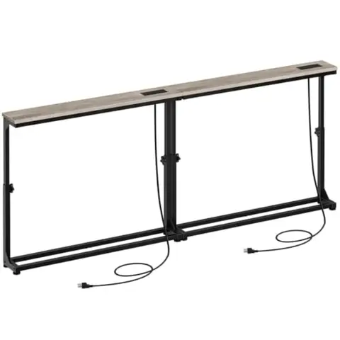 Narrow console table set of 2 for small spaces, entryway, or behind couch; metal and wood in greige and black; adjustable heigh