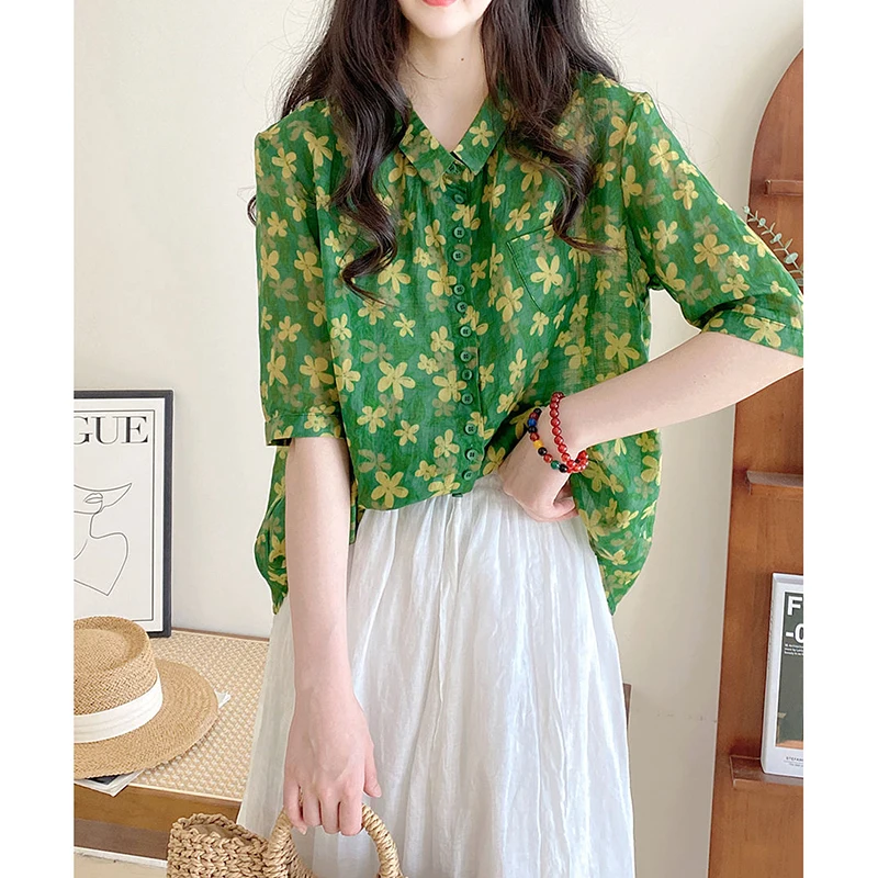 Vintage Printed Lapel Button Loose Floral Shirts Women\'s Clothing 2024 Summer New Oversized All-match Tops Office Lady Blouses