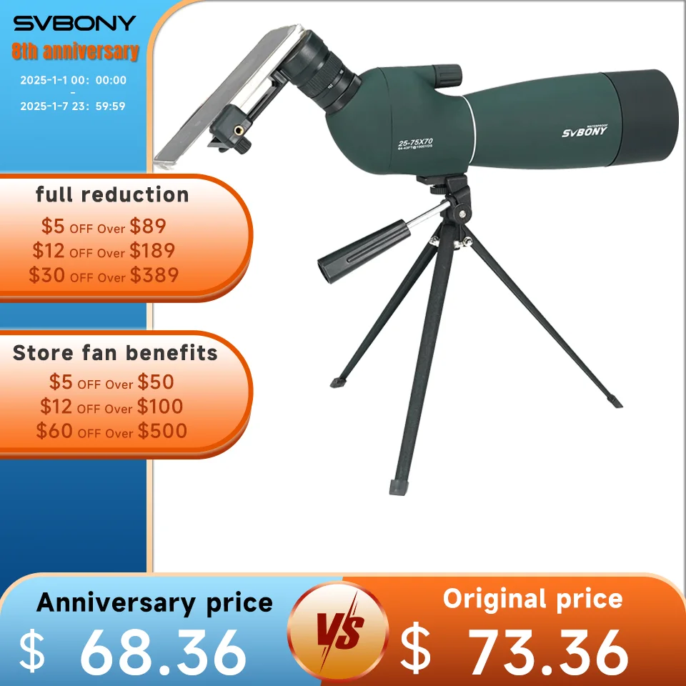 Svbony SV28/SV28 PLUS 25-75x70 Spotting Scope With Tripod,Waterproof,Camping equipment, For Target Shooting,Bird Watching