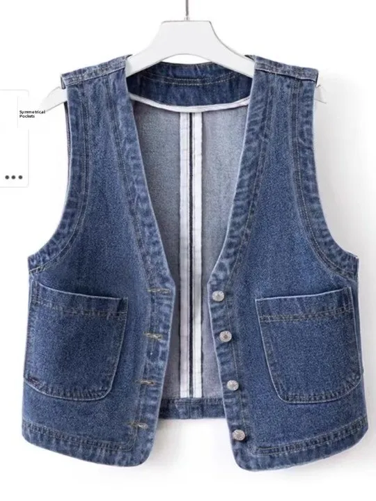

Retro Hong Kong Sle Denim Vest ort Women's Slim Fit V-Ne Casual Outerwear oulder Pad Spring Autumn New Model