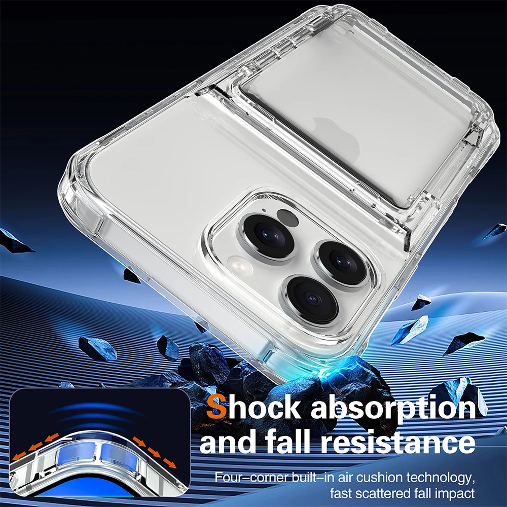4 cards holder stand clear armor phone case for iPhone 16 15 14 13 12 11 Pro Max full camera shockproof bracket hard back cover