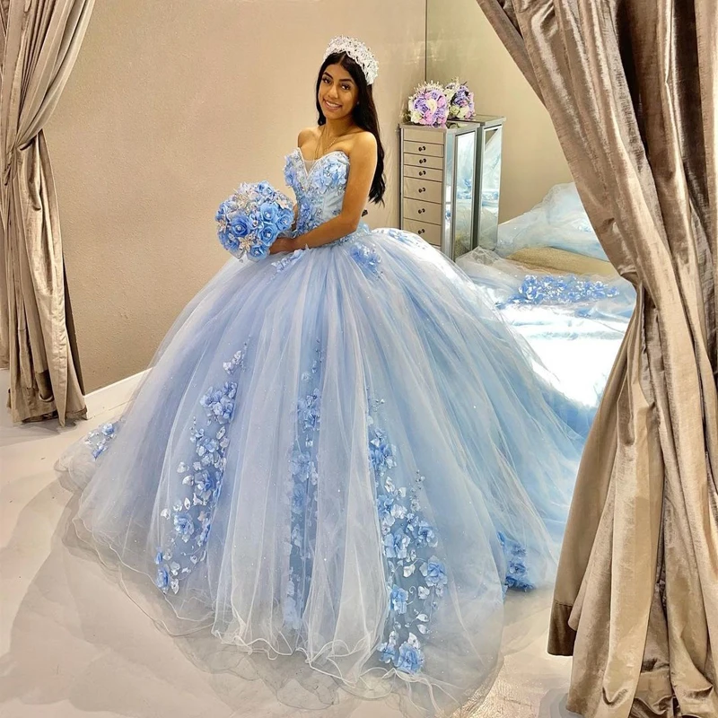 ANGELSBRIDEP Abiti stile Quinceanera azzurro cielo Fiore 3D Appliqued in pizzo con mantello di cristallo Dolce 15 anni Abiti per ragazze personalizzati