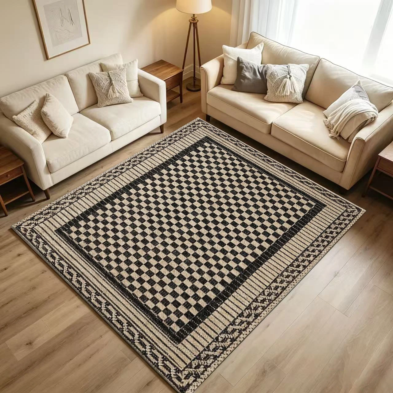 Black Beige Checkered Geometric Area Rug Modern Farmhouse Living Room Carpet Home Decor Floor Mat