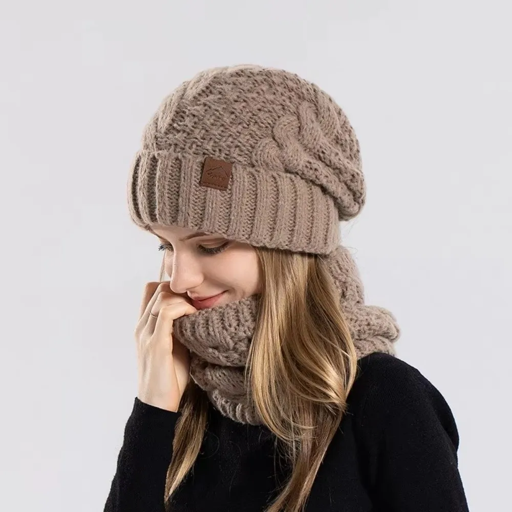 2Pcs/Set Casual Windproof Knitted Hat Scarf Set Cold-proof Keep Warm Ear Protection Cap Thickened Cycling Skiing Skullcap Winter