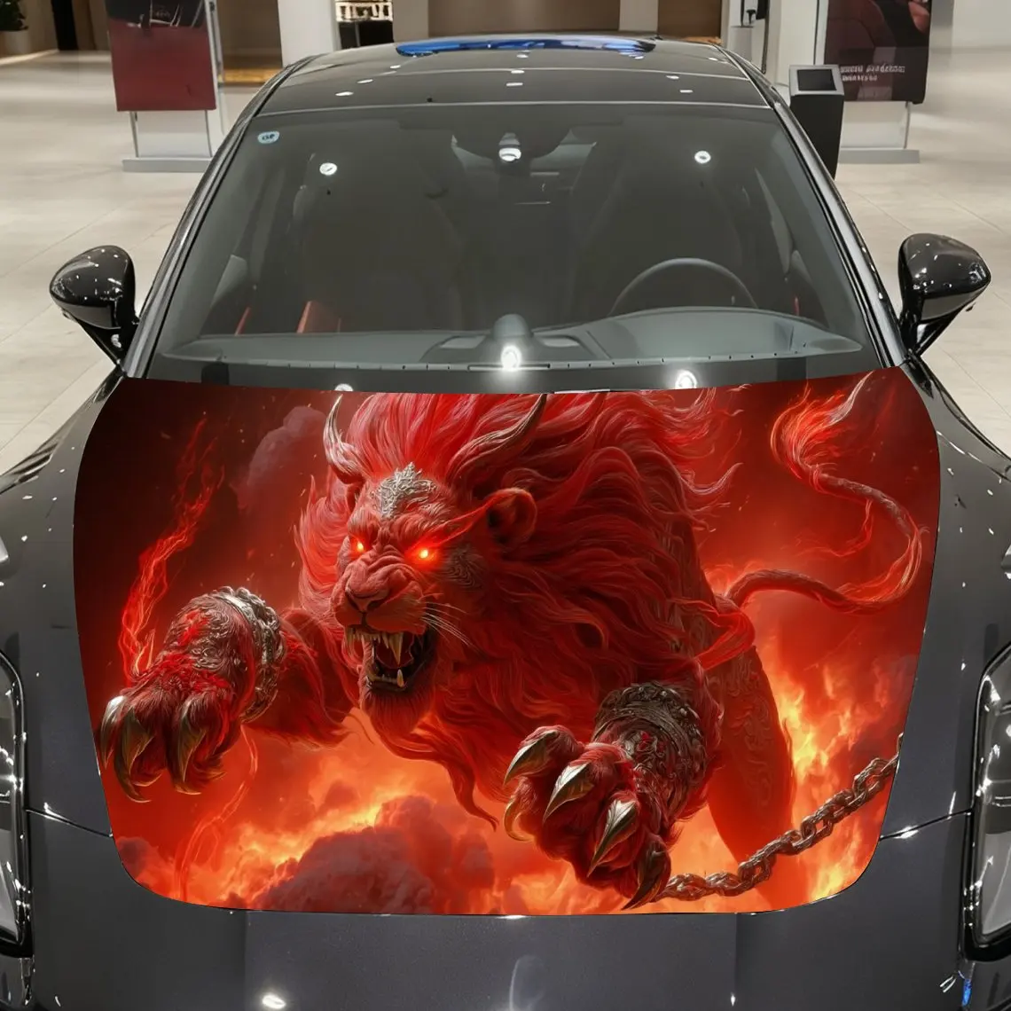 

Red Flame Golden Armored Lion Car Vinyl Wrap, PVC Material Waterproof Car Hood Sticker, Self-Adhesive Scratch-Resistant Stickers