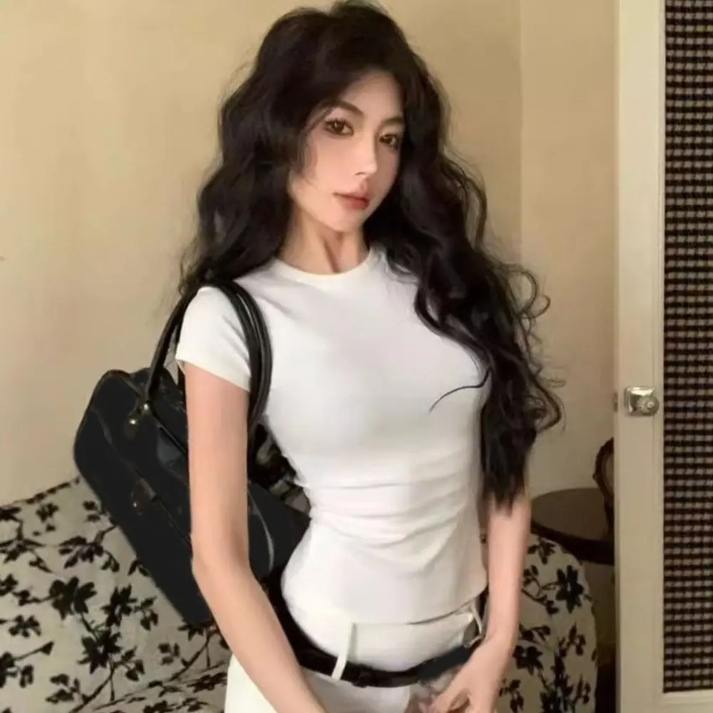

Soft Basic Short Sleeve Tees Shirts Y2k Round Neck Slim T Shirt Women Solid Color Undershirts Pullover Tops Summer