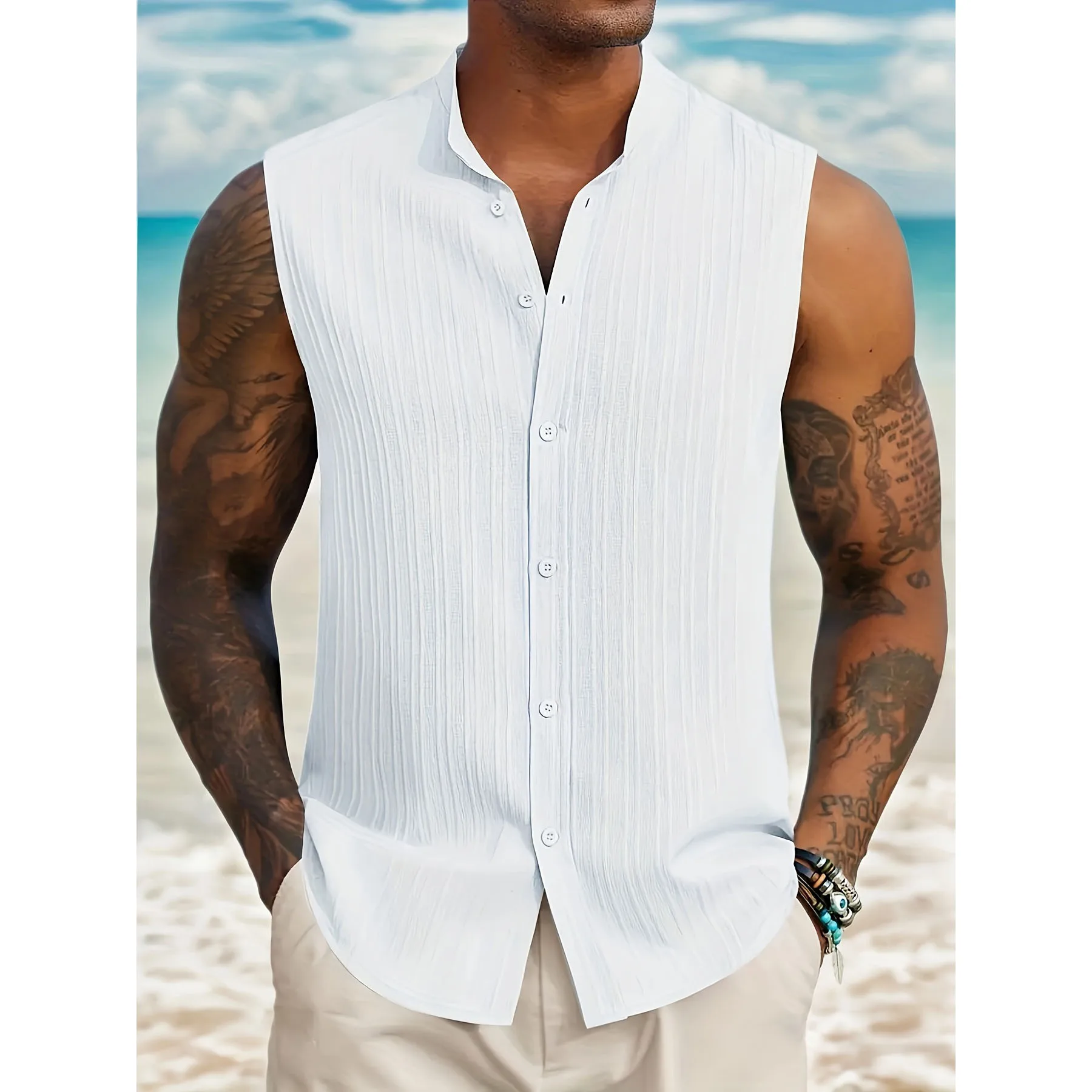 

Мужская повседневная рубашка без рукавов из хлопка и льна, винтажная, с отложным воротником, на пуговицах, летняя, однотонная, модная, безрукавка-топ