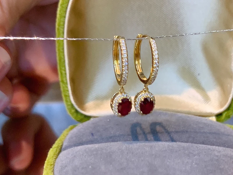 KUGG 100% 18K Yellow Gold Earrings Elegant Oval Shape Shiny Diamond Natural Ruby Gemstone Earrings for Women Wedding Jewelry