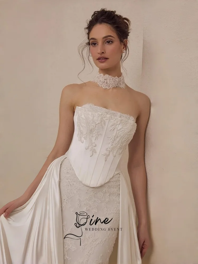 Oine Delicate Mermaid Long Wedding Dress Lace Bibs Satin Tail Elegant vestidos de novia Sweetheart Collar Bridal Gown Customized