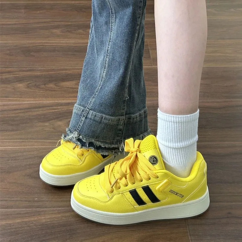 High looks yellow chubby bread shoes with women's mesh, 2024 autumn versatile internet celebrity casual sports skateboard shoes