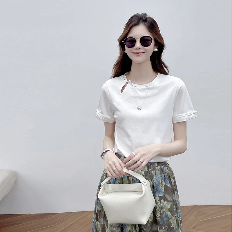 

Новая женская футболка Flandre в китайском стиле с круглым вырезом, из шелково-хлопковой смеси, премиум-класса, комфортная посадка