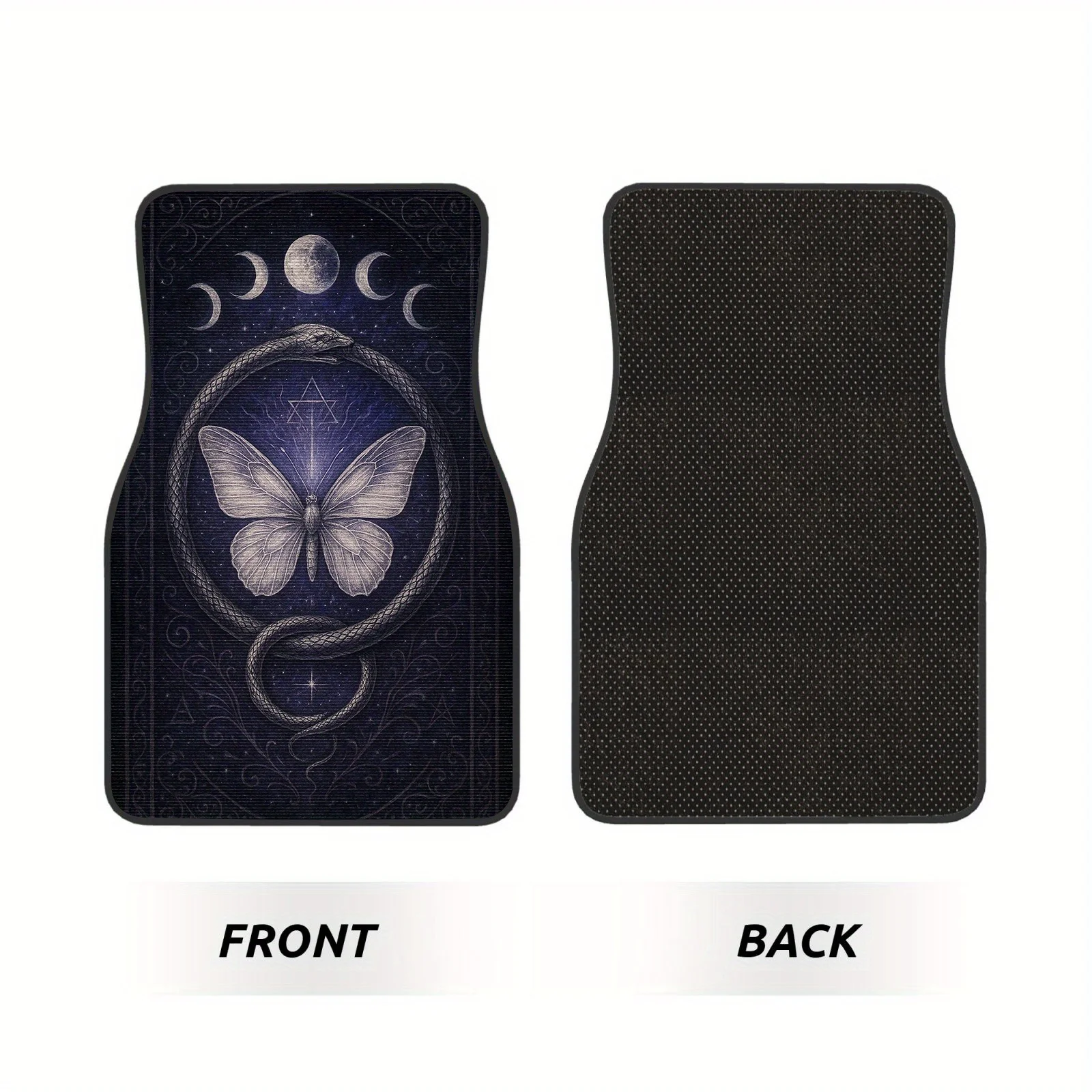 4pcs Mysterious Butterfly Snake Pattern Moon Phase Car Floor Mats | Polyester Fiber, Universal Fit For Sedans/Suvs, Carpet Prote