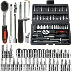 46pcs Chrome Vanadium Steel Socket Set with Quick Release Ratchet Extension Bar Screwdriver Bits Hex Wrench Motorcycle Car Tools