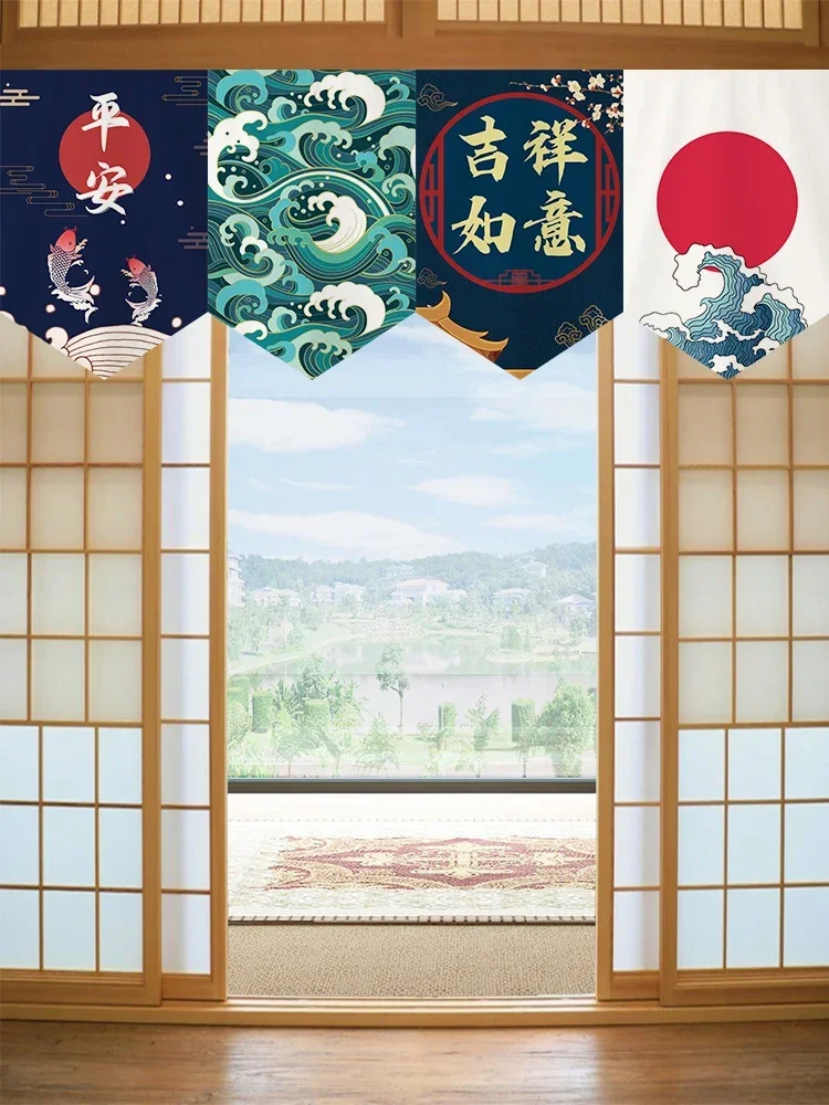 Japanese Short Door Curtain Wave Koi Kitchen Partition Triangle Flag Restaurant Hanging Curtain Pennant Izakaya Decor Drapes