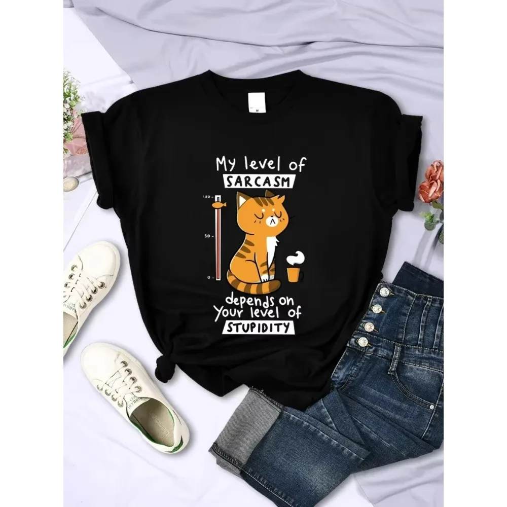 That's Hilarious, My Level of Satire Depends on How Stupid You Are Patterned Men Women's T-shirt Level of Satire Cat Summer Y2K