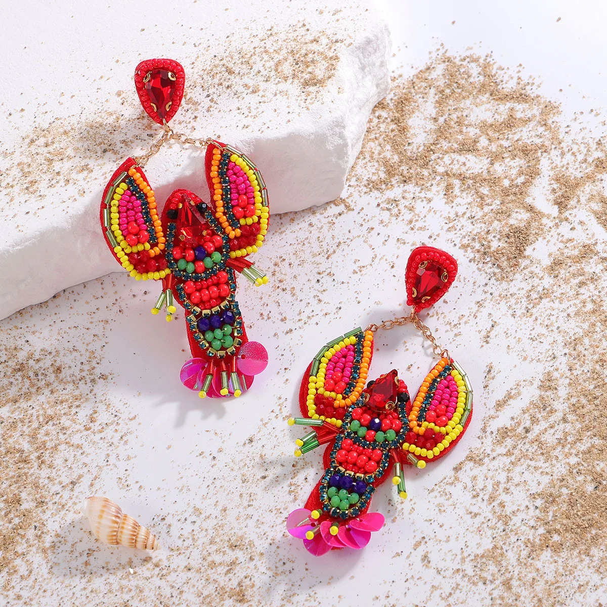 Summer wind personalized crystal lobster earrings handmade fabric rice bead sequins exaggerated high-end earrings