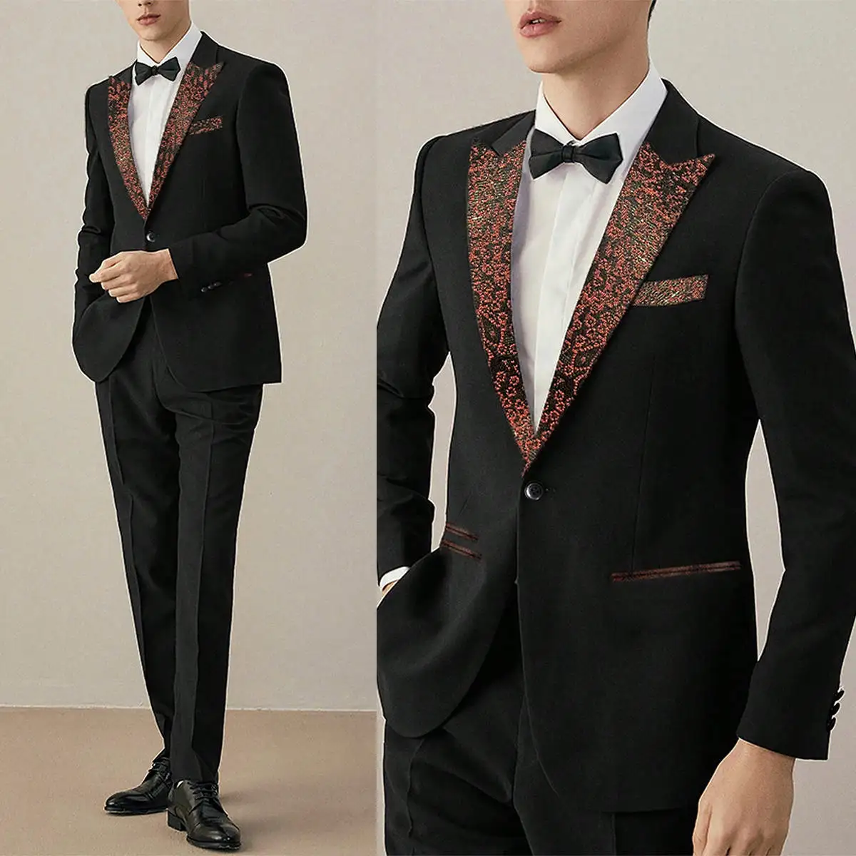 

Stylish Men Suit 2 Pieces Floral Pattern One Button Peaked Lapel Pant Sets Classic Fit Gromm Wedding Tuxedos Customized