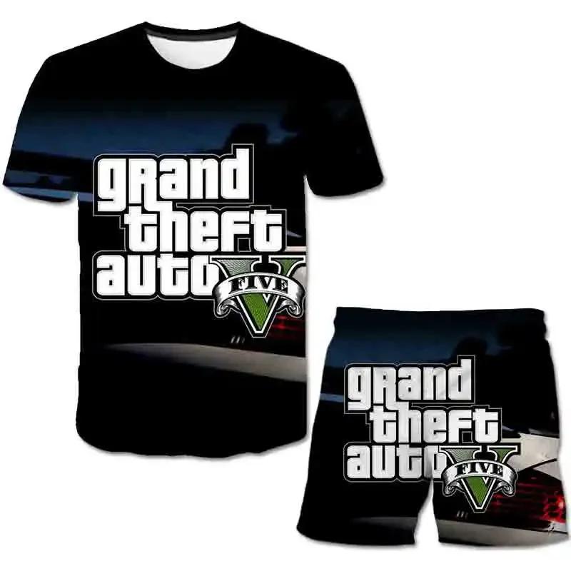 Two Pieces Girls Game GTA 5 Clothing Sets Summer T Shirt Sleeve Children Sets Fashion Girls Clothes Suits Casual Outfits