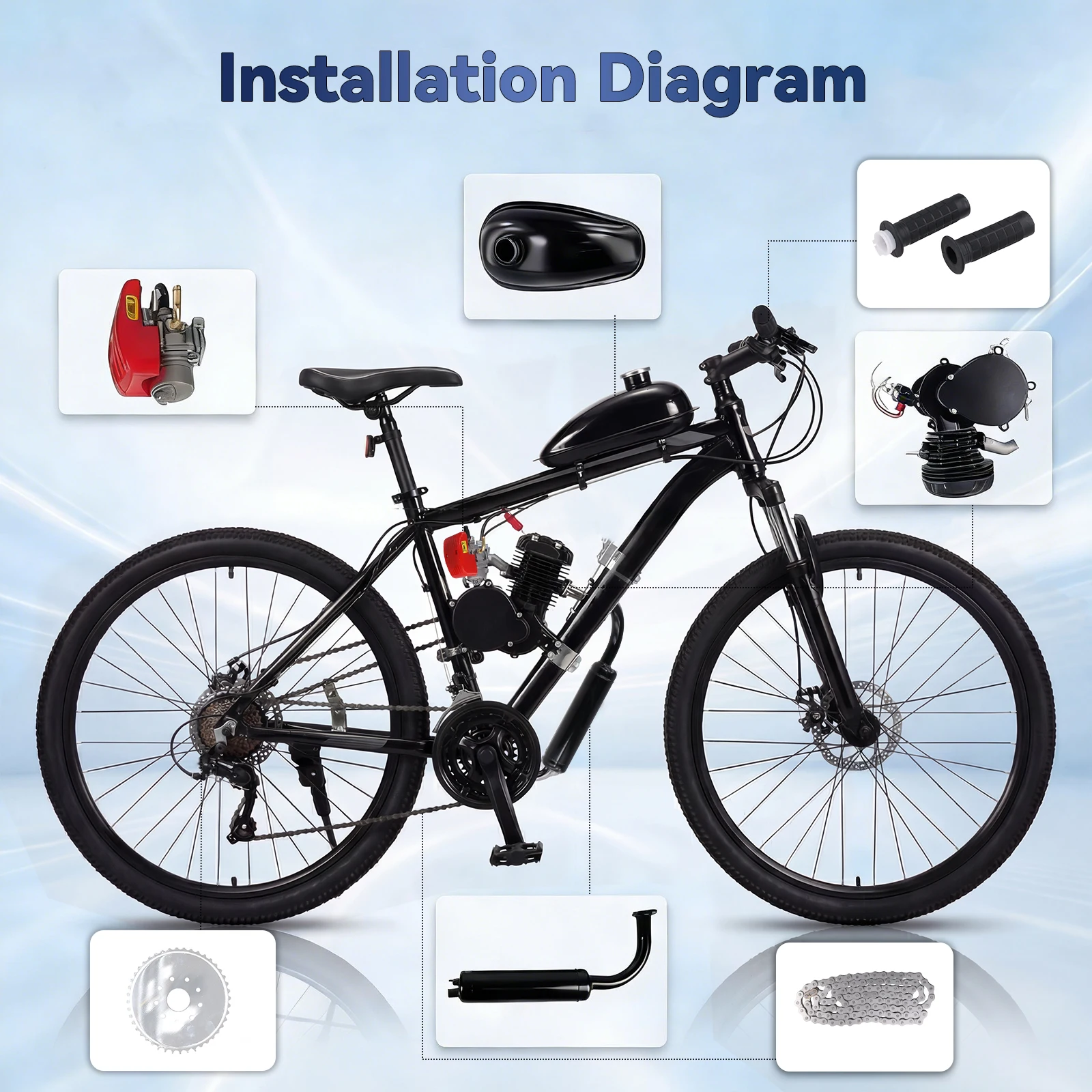 Kit moteur Podofo 100CC 110CC 2 temps pour vélo, kit moteur à essence pour vélo électrique DIY, pièces d'assemblage de moteur pour vélo VTT 26 et 28 pouces, monocylindre refroidi par air, pour vélo électrique DIY