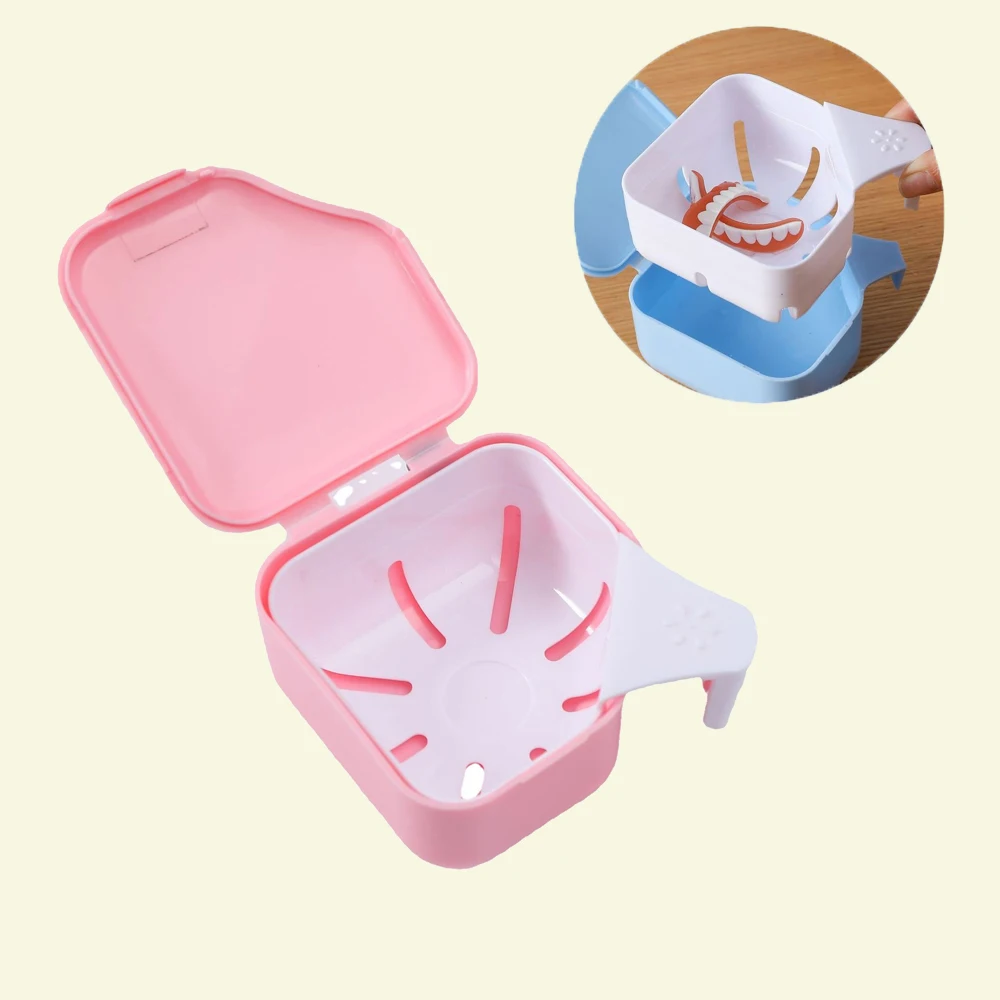 Denture Bath Box Organizer Dental False Teeth Storage Box Retainer Denture Case with Hanging Net Container Cleaning