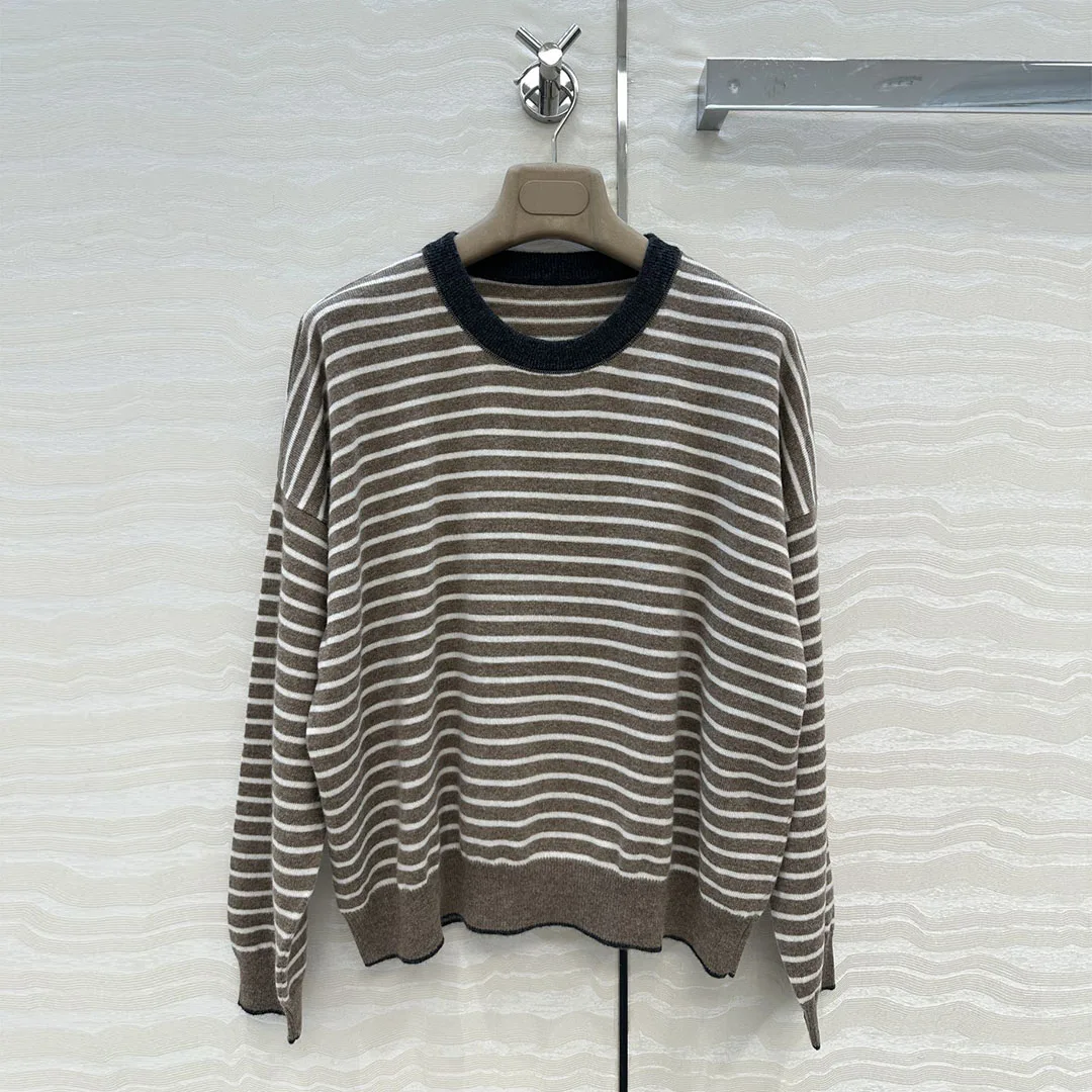 

2025 New Autumn Old Money Style 100% Cashmere Knitted Pullover Women O-neck Long Sleeve Stripes Pattern Loose Casual Sweater