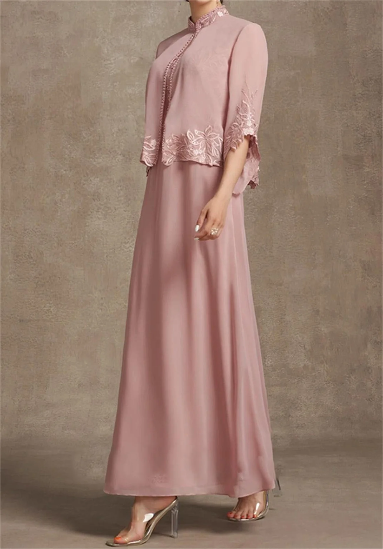 Braut Mutter Kleid V-Ausschnitt ärmellose Blatt Spitze Chiffon rosa Abend Duo Set von eleganten Langarm Jacke maßge schneiderte Kleider 2024