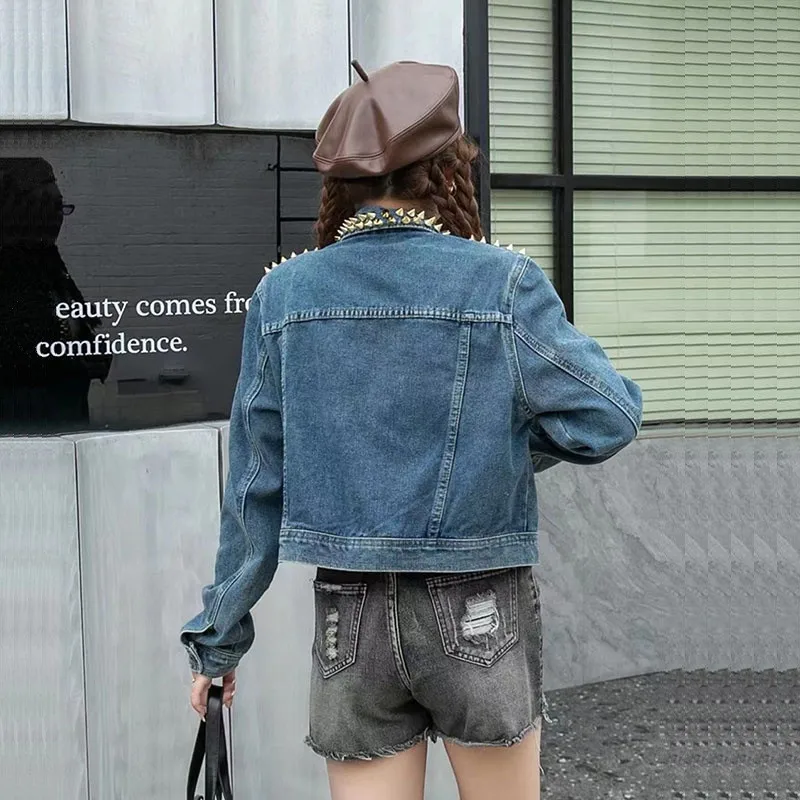 Manual Diamond Fashion Beaded Rivet Jeans Jacket Blue Light Blue Irregular Single-breasted Long Sleeve Slim Short Cowboy Outwear