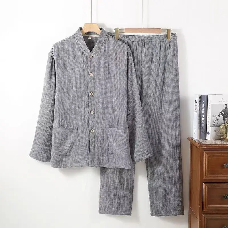 Japanese Style Pure Cotton Pajamas Men Women Breathable Four Layer Gauze Shirt Pants Set Comfortable Leisure Couples Homewear