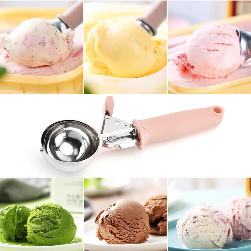 Stainless Steel Ice Cream Scooper Multifunctional Pressable Fruit Spoon Dual-Purpose Ice Cream Ball Spoon Kitchen Supplies