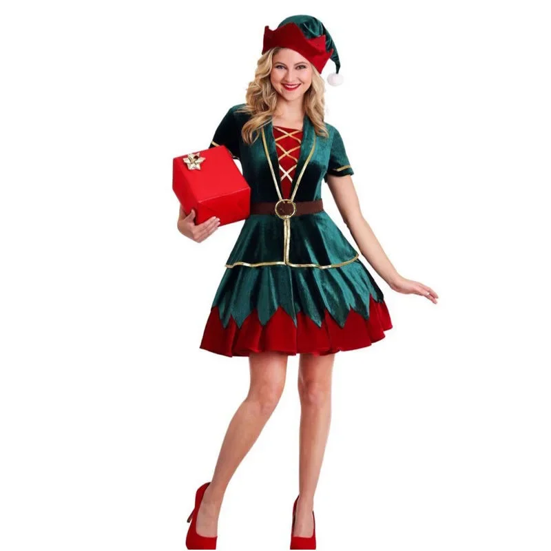 Deluxe Santa Claus Christmas Elf Costume Xmas Jolly Naughty Mascot Cosplay Carnival Fancy Party Dress OI2482