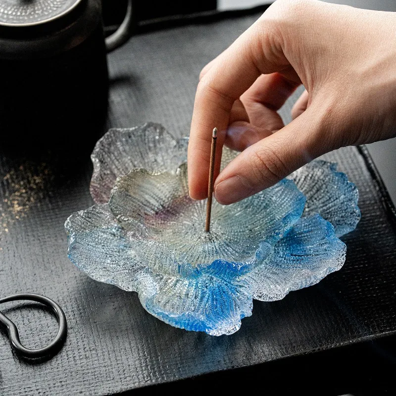 Handmade Liuli Peony Incense Holder Chinese Zen Line Incense Burner Mini Tea Room Desktop Censer Home Aromatherapy Ornament