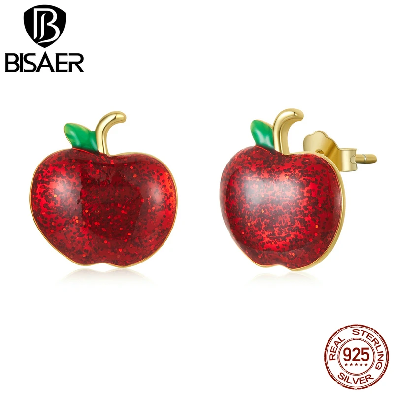 BISAER Real 925 Sterling Silver Christmas Apple Stud Earrings Enamel Process Stud Ear For Women Party Fine Jewelry Holiday Gift