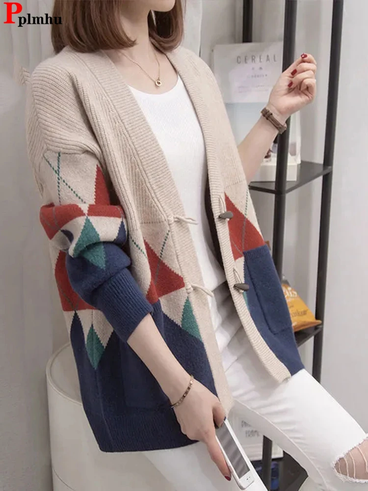 Loose Sweater Cardigan Coat Women Korean Vintage Knit Jackets Mid Length Casual Knitwear Casaco Horn Button Spliced Malhas Gilet