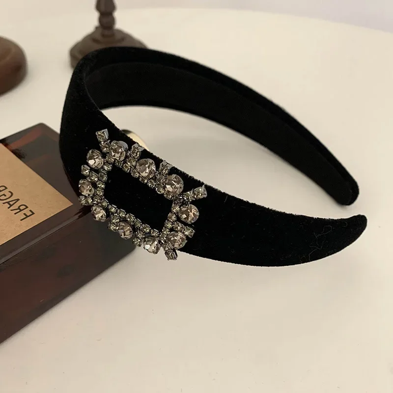 Vintage Black Crystal Hairbands for Women Retro Velvet Elegant Wide Hair Hoop Lady Female Hair Accessories Girls Korean Headband