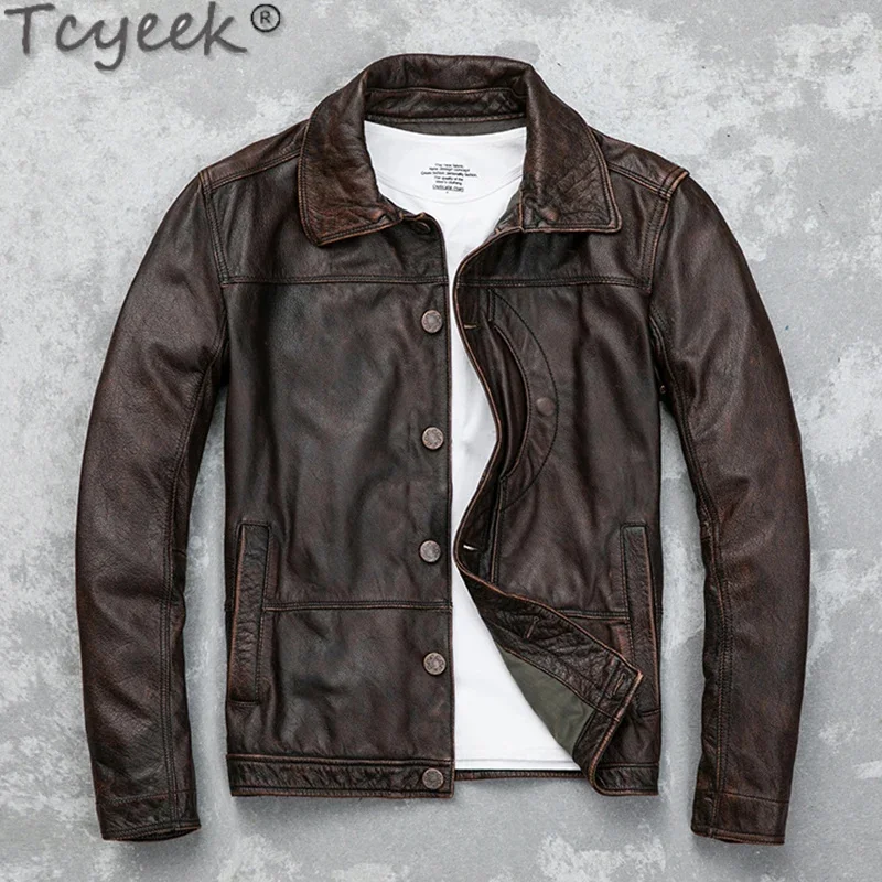 Herren echte Herbst neue Vintage Rindsleder Mantel männlich Retro Distressed kurze Jacke schlanke Revers Chaquetas Hombre