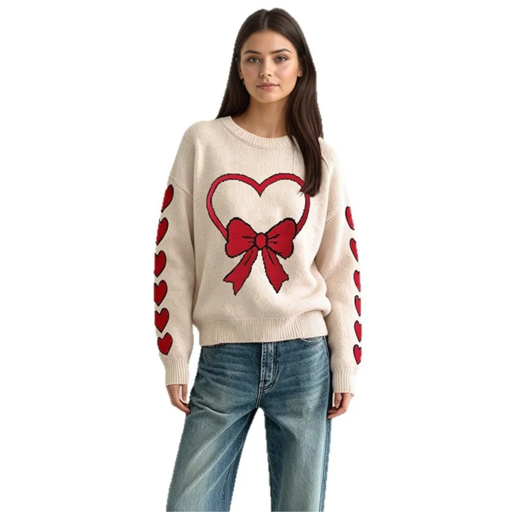 MsChuh Heart Print Crew Neck Sweater Long Sleeve Loose Women's Sweaters And Pullovers Casual Daily Autumn Winter Street Knit Top 5
