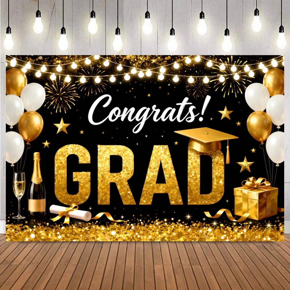 Graduation Prom Party Decor Congratulations Grad Black Gold Glitter Backdrop Mortarboard Balloon Supplies Photography Background