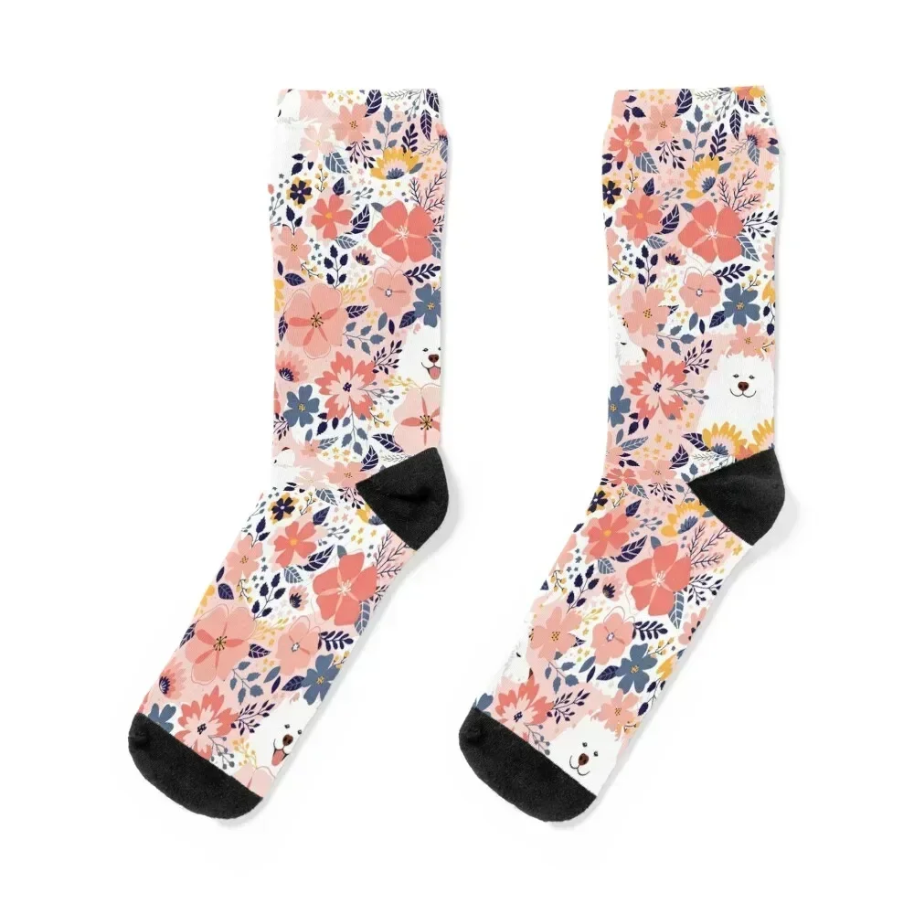 Cute Samoyed Garden - Pink Background Socks crazy hip hop Socks For Girls Men's