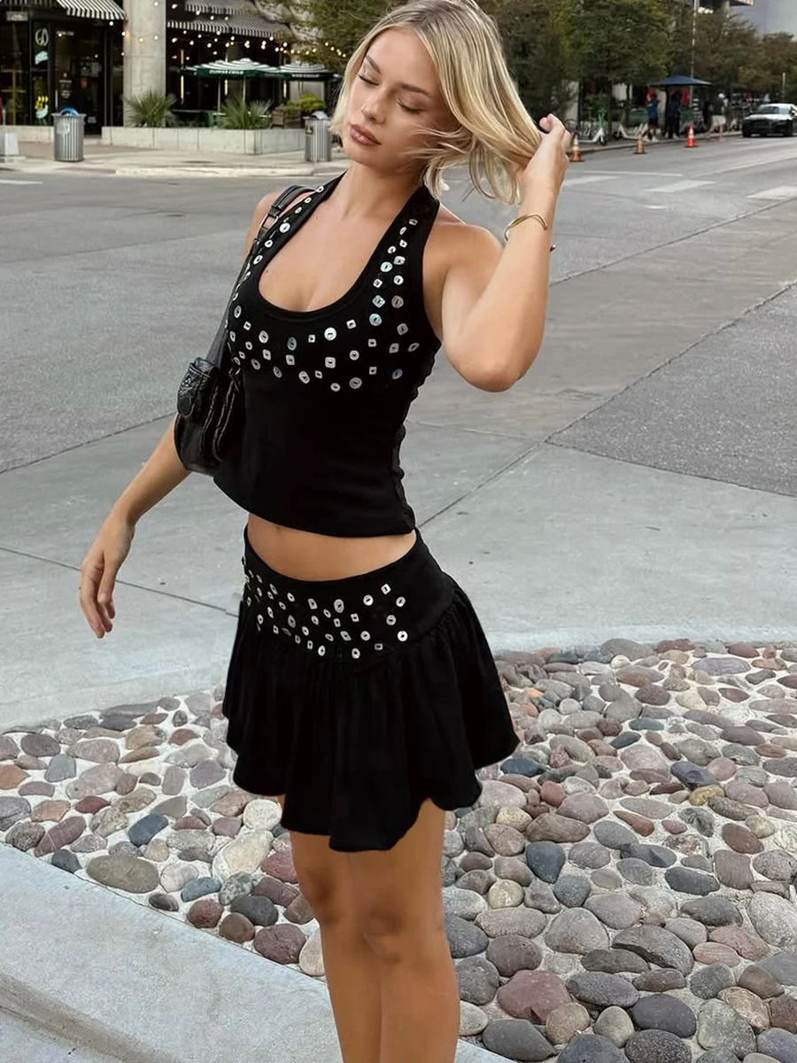 Set Casual da Donna WEIRD PUSS Blue Ocean Dr, Design con Bottoni, Gilet e Gonna a Vita Alta