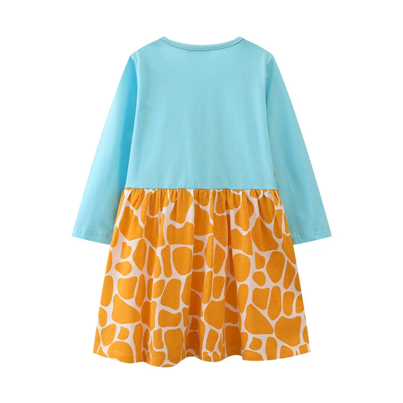 Jumping Meters Girls' Long Sleeve Embroidered Dress Autumn Spring School Children's Birthday Gift Giraffe Design 2-7T